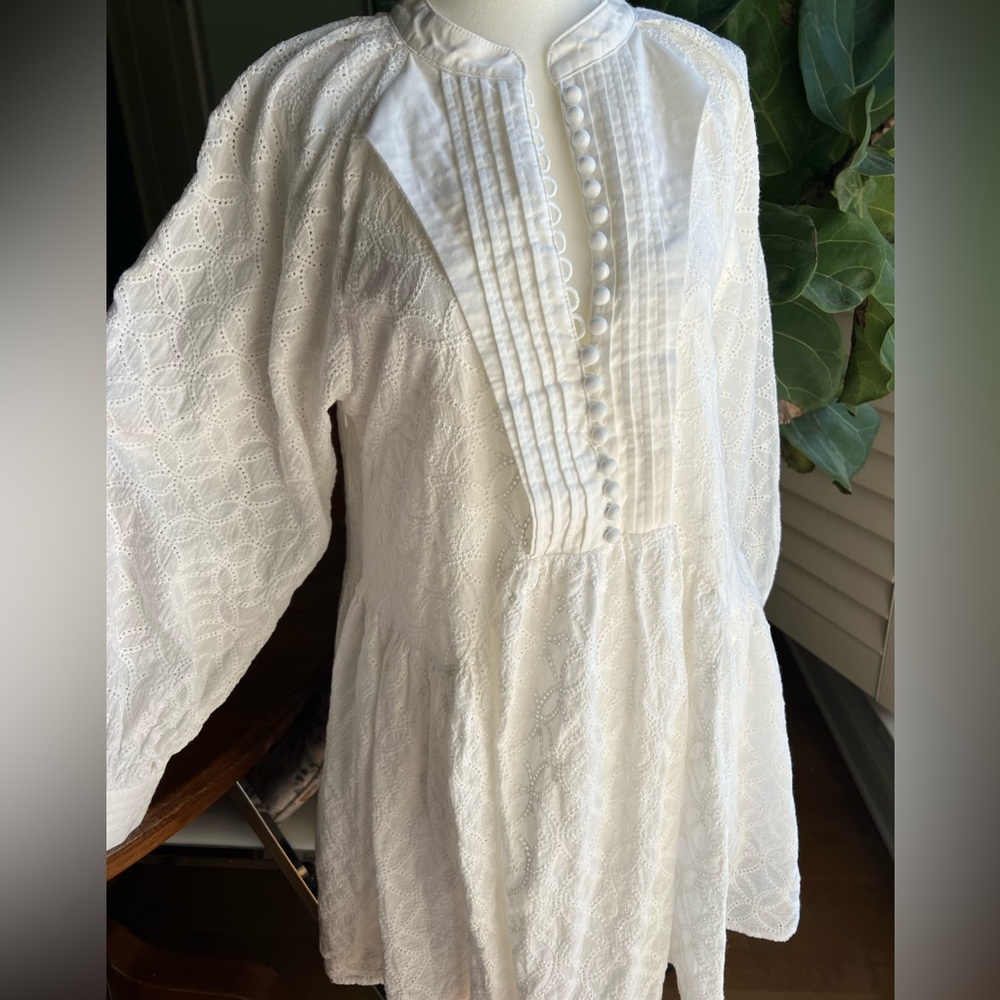 White Eyelet Button-Front L Long Sleeve Peasant Tunic Top Mini Dress Cottage